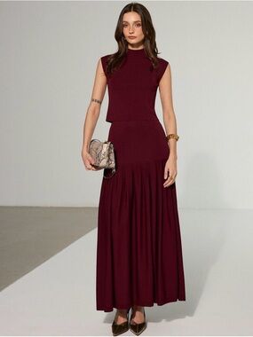 Commense Mock Neck Sleeveless Top and Pleated Midi Skirt Set - Large